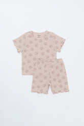 Avauma Sienna Rose Rosy Powder floral short sleeve set for babies, displayed with top and shorts on a white background